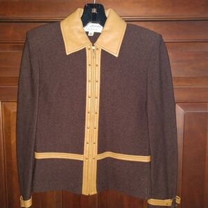 St. John by Marie Gray Chocolate Brown Jacket with Caramel Colored Leather Trim